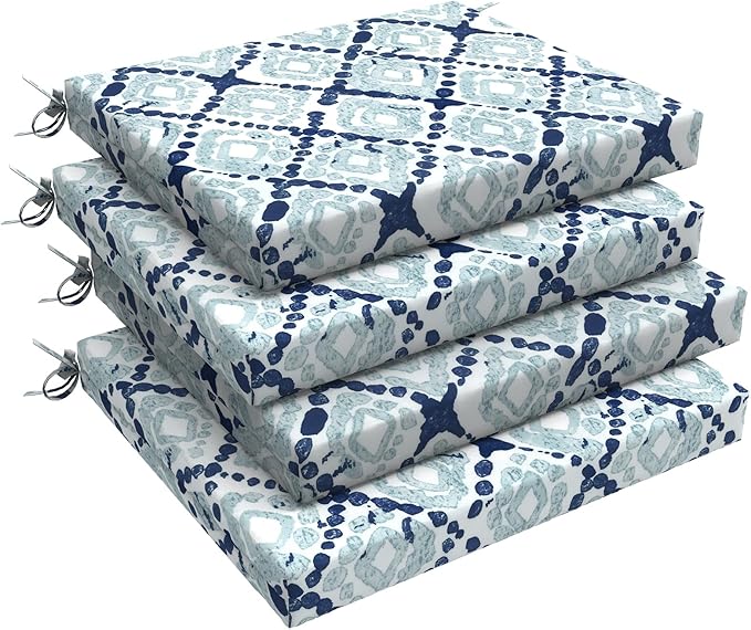 LVTXIII Outdoor Chair Cushions 18.5"x16"x2" Pack of 4, Water-Repellent Square Corner Memory Foam Seat Cushions with Ties for Garden Patio Furniture, Boho Geometry Blue