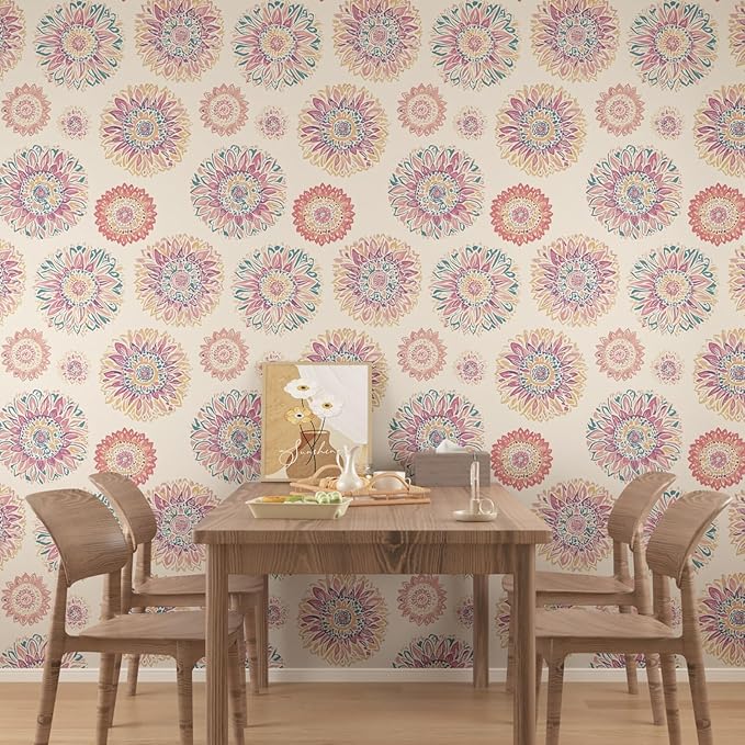 Boho Wallpaper Peel and Stick, Vintage Circle Floral Contact Paper, Abstact