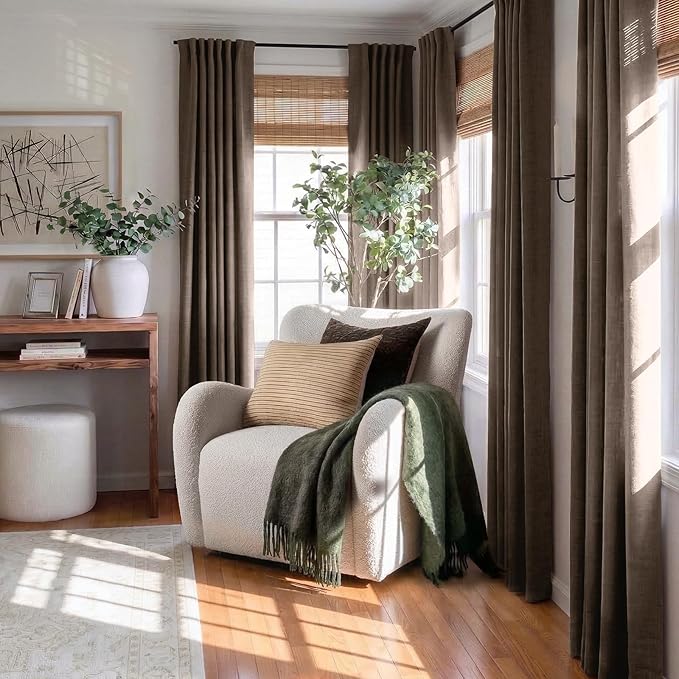 100% Blackout Shield Dark Brown Linen Blackout Curtains