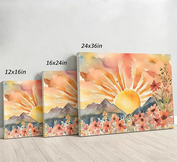 Boho Sun Canvas Wall art Mid-Century Modern Abstract Bohemian Sunset in The