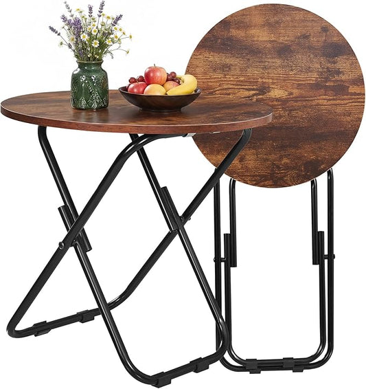 VECELO 17.7" Small Folding Table, Round Patio Outdoor Side Snack Table, Waterproof Foldable Wood End Table with Anti-Rust Metal Legs for Living Room Bedroom Garden Yard Balcony Porch