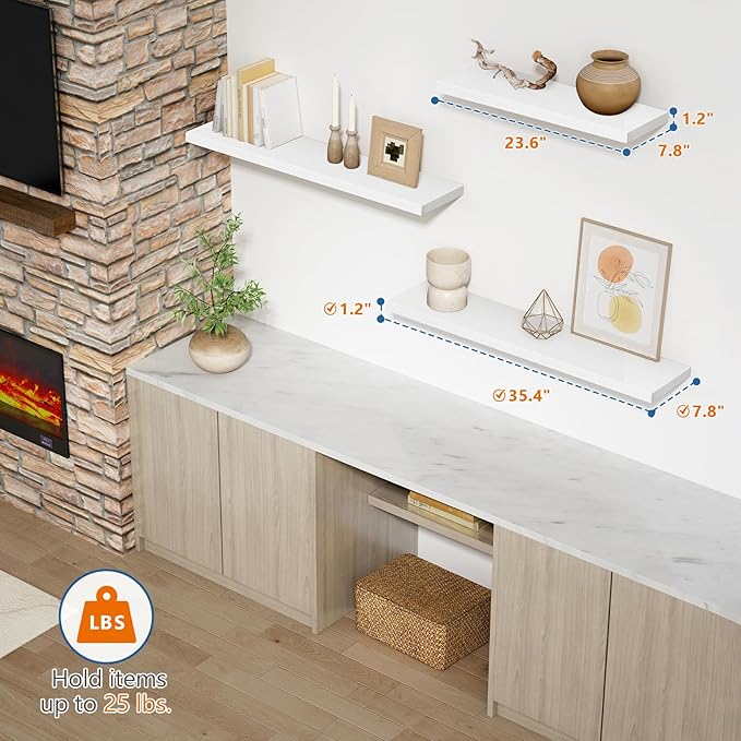 Harwaya White Wood Floating Shelves 36 Inches Long Set of 2, Large Modern Wall
