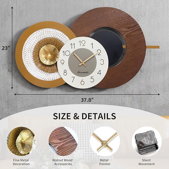 37.8x23 Inch Large Mid-Century Modern Wall Clock, Oversized Wood and Metal