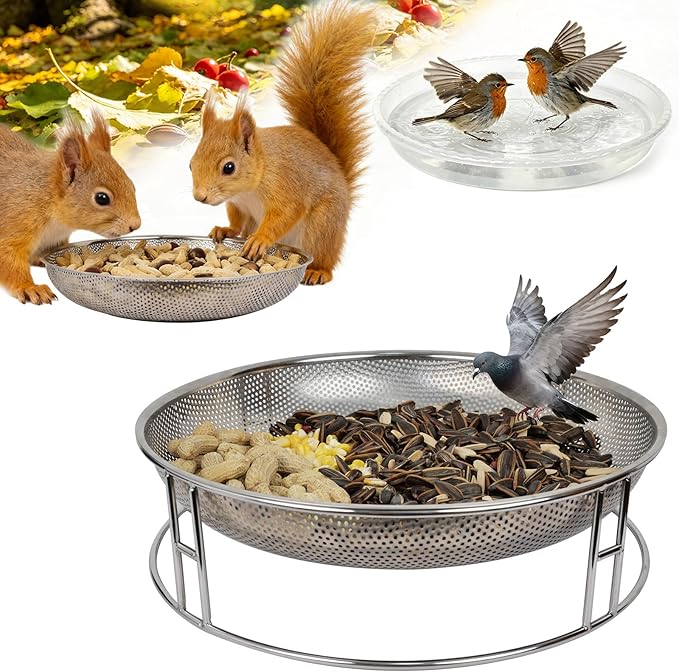 13-Inch Ground Bird Feeder and Bath Combo, Stainless Steel Ground Feeding Platform for Birds & Squirrels, with Dual Birdseed Mesh Trays, Birdbath, Attracting Creatures to Backyard, Patio