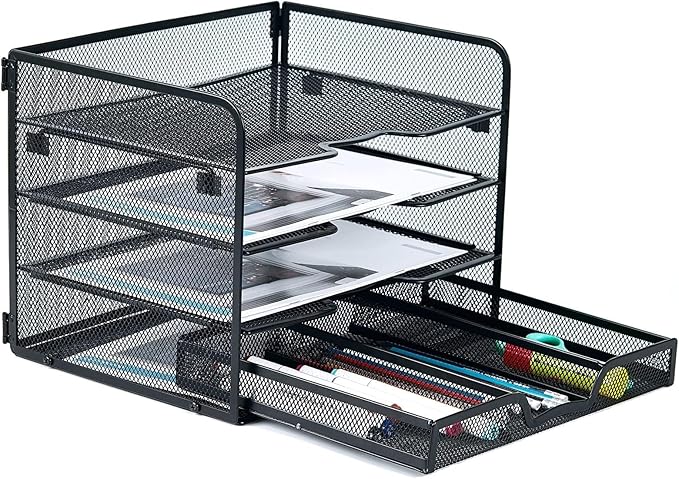 SETTFRFE 4 Tier Mesh Paper Letter Tray,Desk File Organizer with A Sliding Drawer,Office Supplies Desk Organizer for Home Office,Black.
