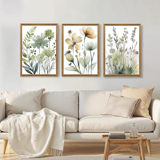 SYWENNOI Wood Framed Green Botanical Canvas Wall Art, Boho Floral Watercolor