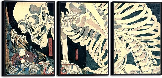 Wieco Art Black Framed 3 Piece Witch and Skeleton Ukiyo-E by Utagawa Takiyasha