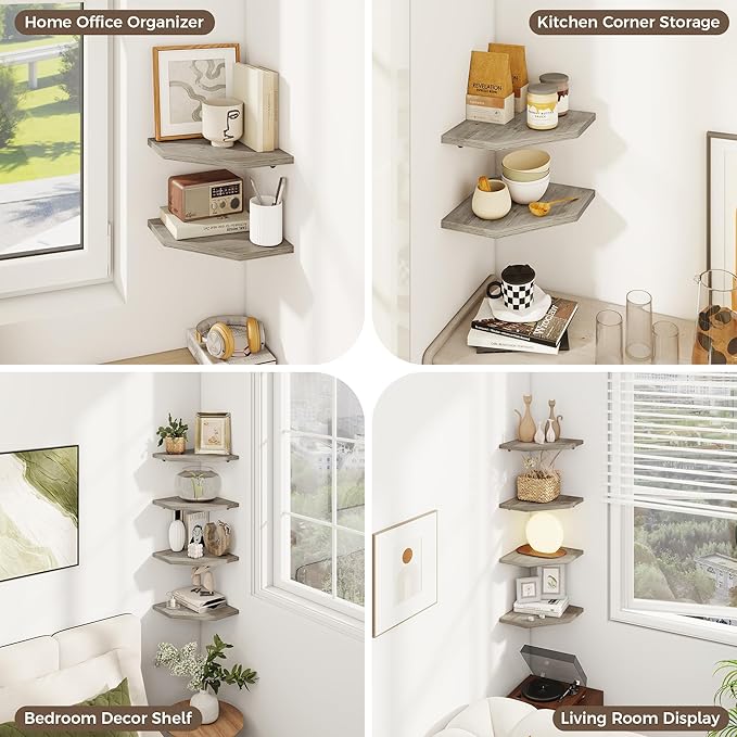 Corner Shelves 4-Pack for Bathroom & Kitchen, Space-Saving Floating Corner Wall