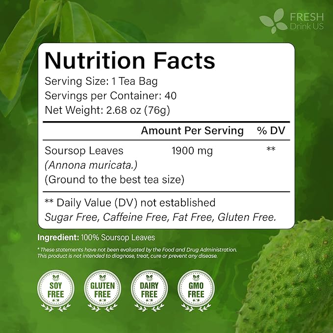 40 Premium Soursop Graviola Leaf Tea Bags, 100% Natural and Pure from Soursop Leaves, Handmade, Made With Natural Materials-Corn Fiber Tea Bag, Sugar/Caffeine/Gluten Free, Hoja Guanabana Tea