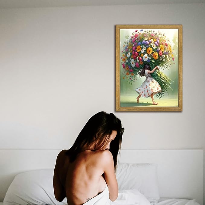 Wood Framed Pink Wildflower Canvas Wall Art, Girl Hugging Flowers Poster Prints