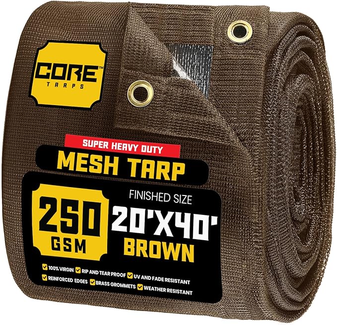 Core Tarps 60% Brown Shade Cloth with Grommets - 20 X 40 FT Heavy Duty Mesh Tarp - Sun Shade Cloth for Garden Vegetables Plants Greenhouse Outdoors Backyard Fences Dump Trucks Patio Mesh Shade Tarp