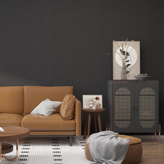 FUKU MON Dark Gray Vinyl/PVC Grasscloth Textured Wallpaper 24" X 394" Fabric