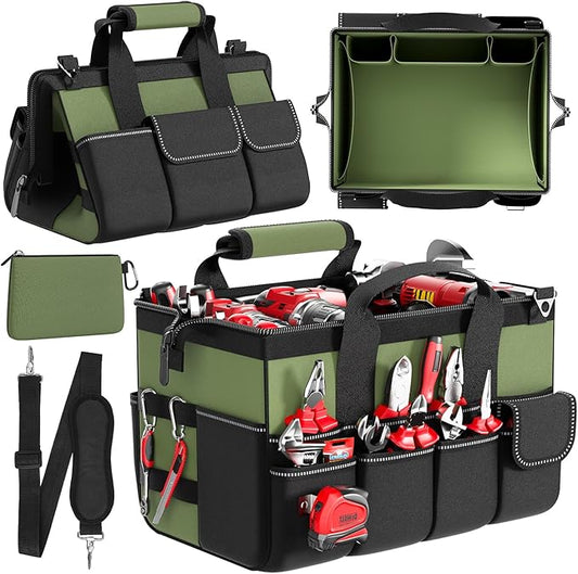 Goovilla Tool Bag 15.5 Inch with 1 Pouch | 17-Pocket Portable Tool Box Organizer Storage with Adjustable Strap, Soft Handle and Durable Zipper | Heavy Duty Tool Bags for Men, Fatherâs Day (Green)