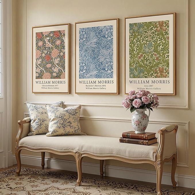 Large Framed William Morris Wall Art Set of 3, Vintage Green Botanical Floral
