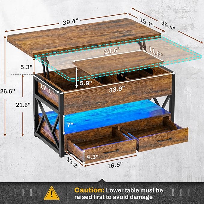 Itaar 40" Lift Top Coffee Table, 4 in 1 Coffee Tables with Storage for Living Room, Small Farmhouse Coffee Table with 2 Drawers & LED Light for Dining Reception Room, Rustic Brown