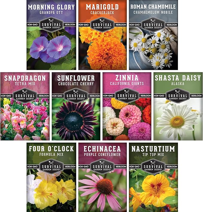 Survival Garden Seeds 10 Flower Collection - Four OâClock, Chamomile, Shasta Daisy, Purple Coneflower, Marigold, Morning Glory, Nasturtium, Snapdragon, Sunflower, Zinnia - Non-GMO Heirloom Varieties