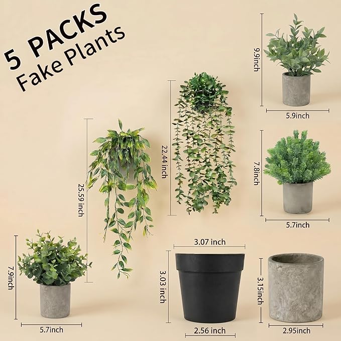 5 pcack Fake Hanging Plants for Wall Home Room Office, Small Fake Plants Decor