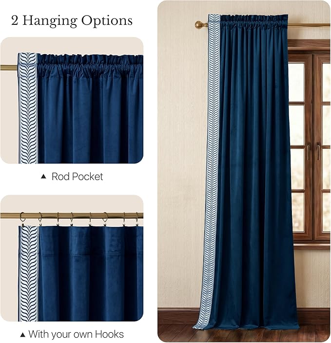 NICETOWN Rod Pocket Embroidered Trim Velvet Curtains, 2 Panels, Velvet Curtains
