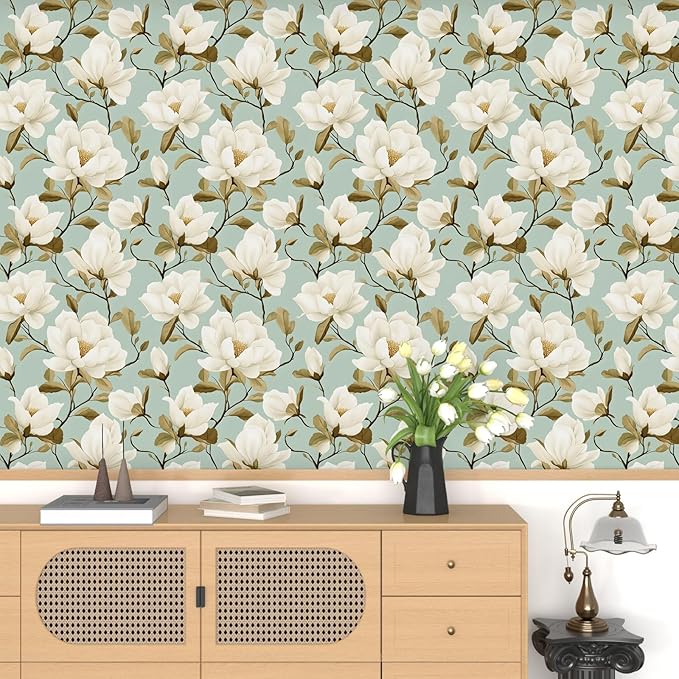 Modern Green White Flowers Wallpaper Blue Floral Peel and Stick Contact Paper