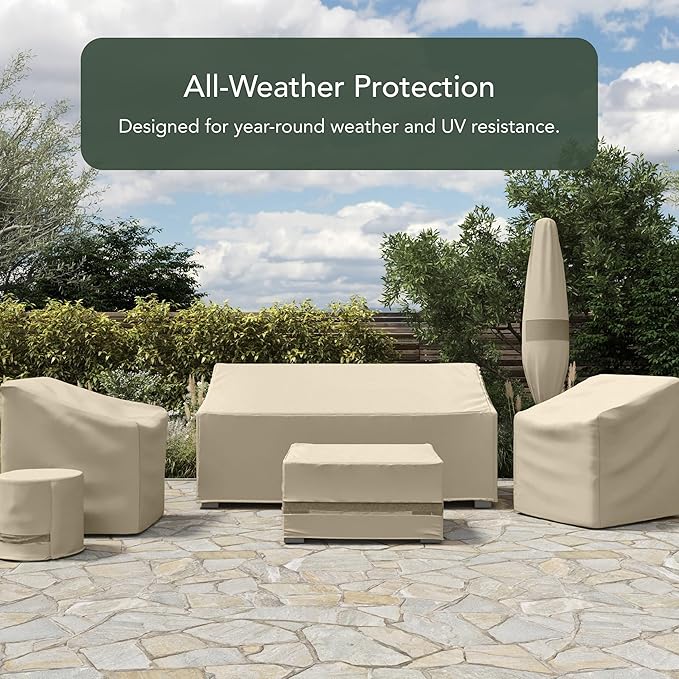Covermates Elite Outdoor Patio Sofa Cover – Water-Resistant 300D Polyester, Double-Stitched Seams, Elastic Hem, Auto-Locking Drawcord & Mesh Vent for Moderate Weather, 58W x 40D x 40H, Khaki