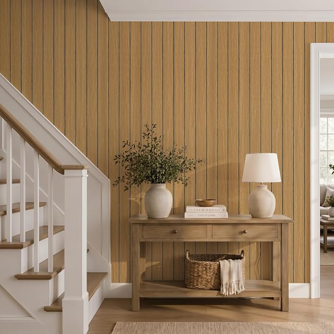 VEELIKE Honey Teak Wood Slat Wall Panels Peel and Stick Decorative Faux Wood