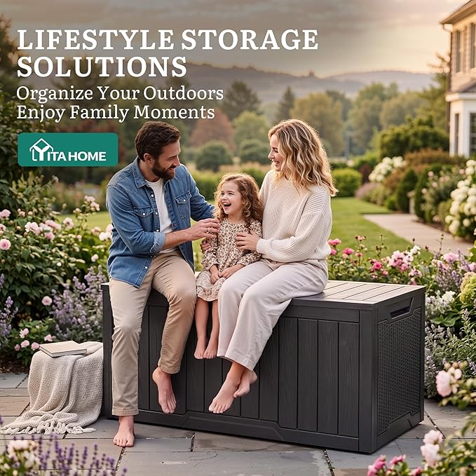 YITAHOME 100 Gallon Large Outdoor Deck Box, Waterproof Resin Storage Box, Lockable Indoor Outdoor Storage Container for Patio Furniture Cushions, Pool Accessories, Garden Tools, Dark Gray