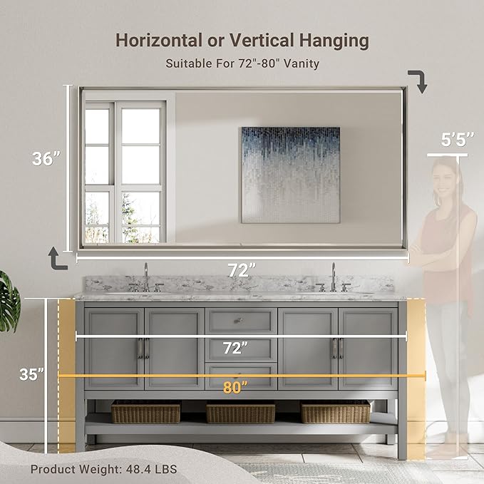 72 x 36 Brushed Nickel Bathroom Mirror, Beveled Framed Rectangle, Shatterproof