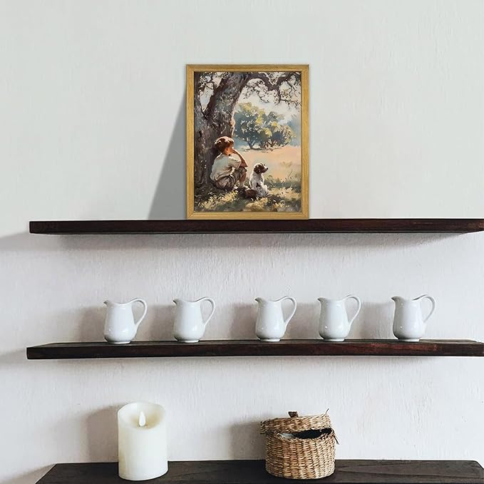 Wood Framed Canvas Wall Art, Vintage Boy and Dog Painting Poster, Countryside