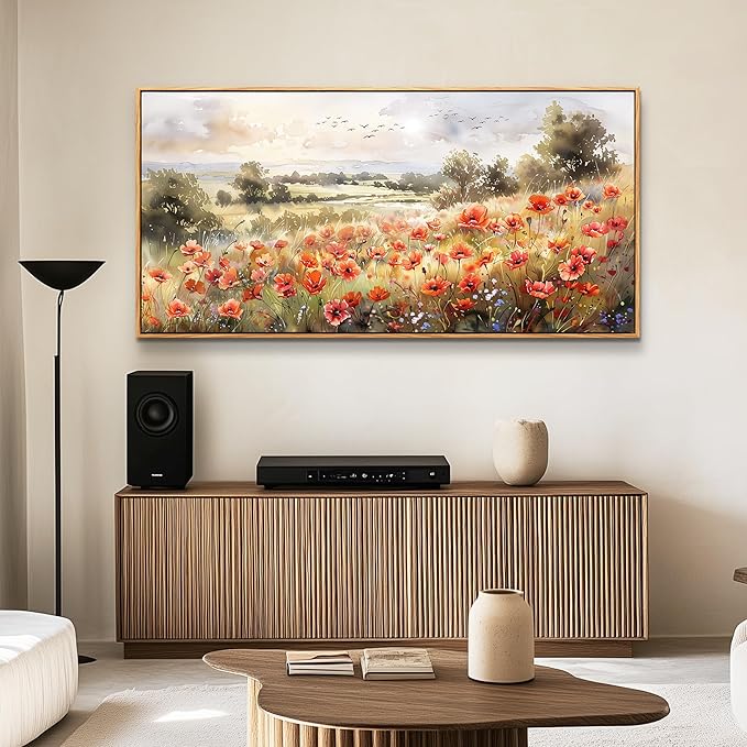 QIYILEXWART Large Wall Decor For Living Room Canvas Wall Art For Office Modern Wall Decorations For Bedroom Red Blooms Field Landscape Painting Farmhouse Pictures Artwork Room Home Decor 24x48 In