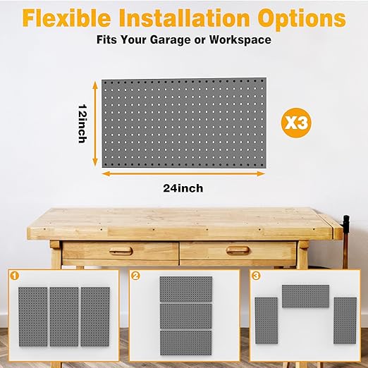Pegboard Smith Metal Pegboard Panels 12" x 24", 3 Pack Black Wall Mounted Tool