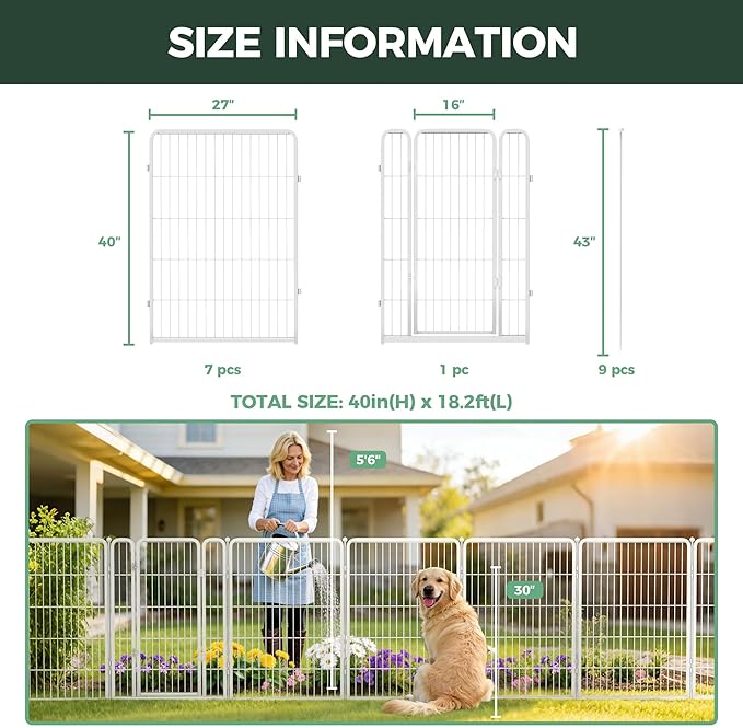 FXW Garden Fence Outdoor for the Yard – 40in(H) x 18.2ft(L) Heavy Duty Metal Animal Barrier for Dog, No Dig Decorative Dog Fence, 8 Panels, White