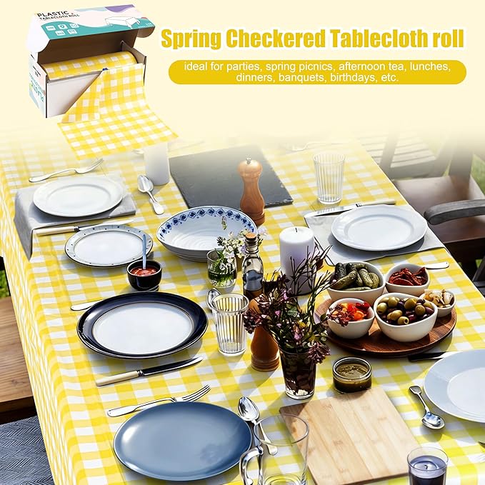 Kochorie 54 Inch x 300 Ft Light Yellow Checkered Plastic Table Cloth Roll