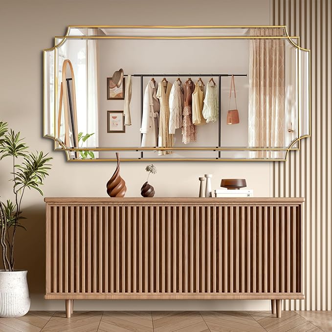 HQiJun Gold Full Length Mirror for Wall, Polished Bevelled Rectangle Mirror