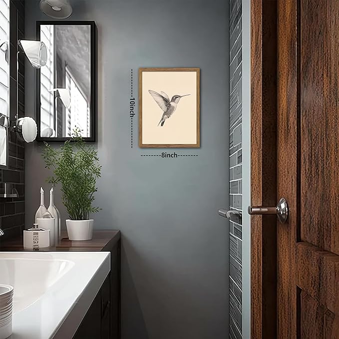 Vintage Framed Wall Art, Birds Canvas Prints, Hummingbird Sketch Painting