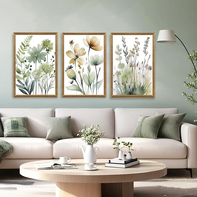 SYWENNOI 3 Pieces Wood Framed Green Botanical Canvas Wall Art, Boho Floral