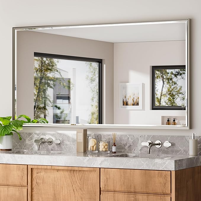 72 x 36 Brushed Nickel Bathroom Mirror, Beveled Framed Rectangle, Shatterproof