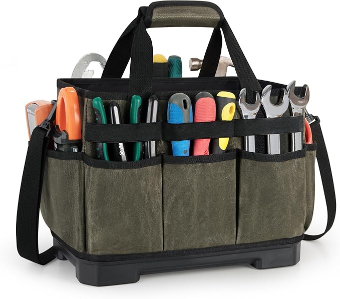 Marscamd Waxed Canvas Tool Bag with Hard Bottom and 8 Pockets, Large Tool Tote with Shoulder Strap for Tools & Gardening, Dark Green
