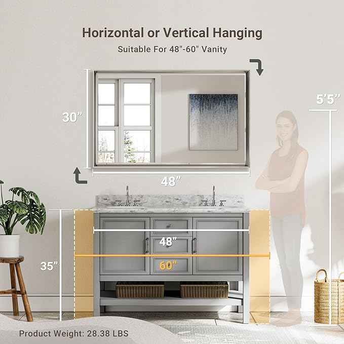 48'' x 30'' Brushed Nickel Framed Beveled Bathroom Mirror, Shatterproof