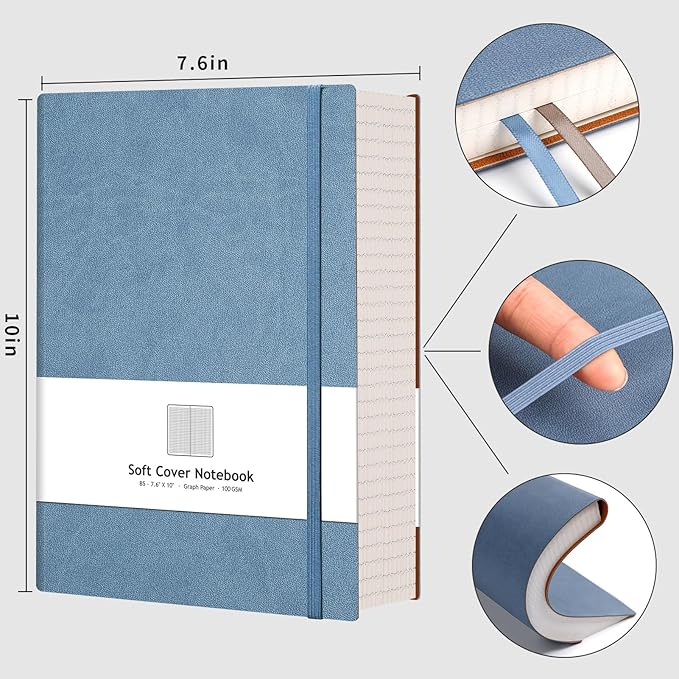AHGXG Graph Paper Notebook - 320 Pages Grid Paper Notebook Large Journal B5, 100gsm Thick Graph Paper, Leather Softcover, Inner Pocket, 7.6'' X 10''- GrayBlue