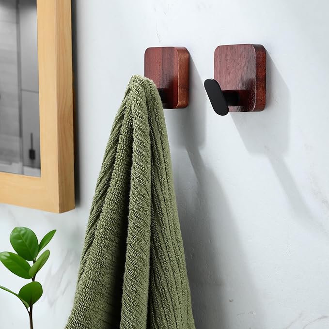 DELITON Acacia Wooden Towel Hooks Red Brown, 4 Pack Sticky Hooks