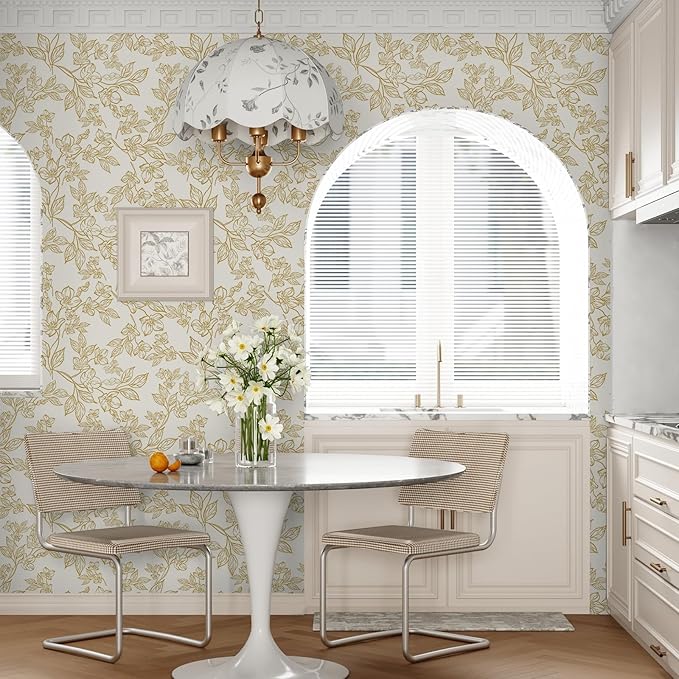 Ismoon Floral Wallpaper Peel and Stick Vintage Flower Beige and Gold Contact