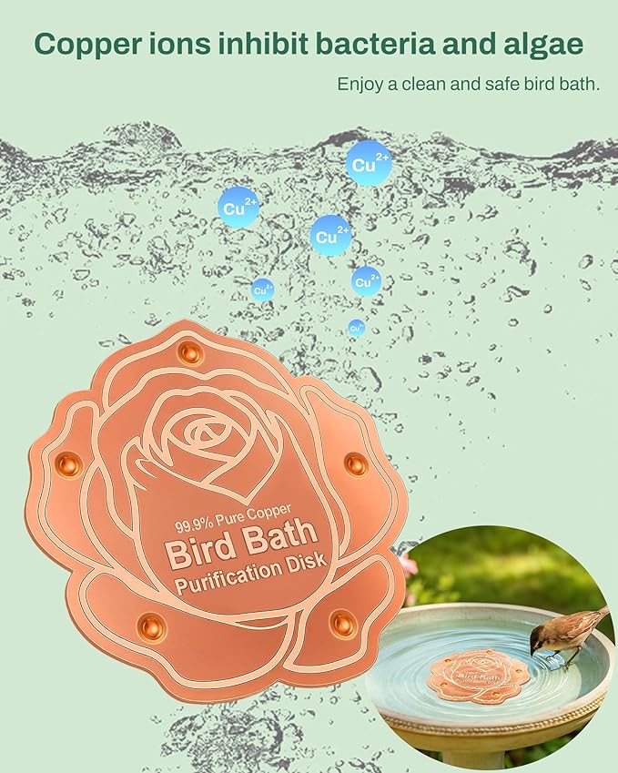 Bird Bath Purification Disk Pure Copper Outside Winter Solar Power Birdbath Wild Hummingbird Hanging Bowl Metal Warmer Deck Railing Humming Feeder Outside Water Pole Fountain Station Gift Rose