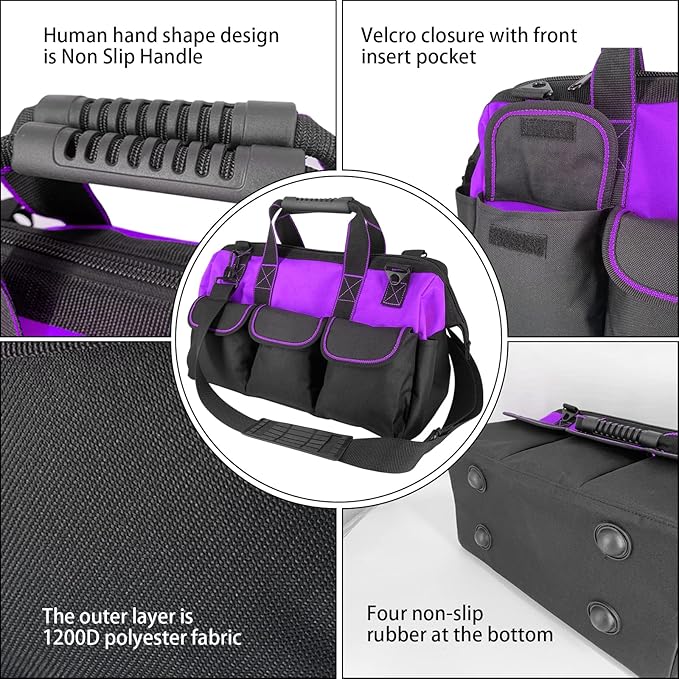 Garden Tools Bag 16 inch Wide Mouth Tool Bag with Molded Base Tool Tote for Women, Heavy Duty,600D polyester fabric (Purple color)