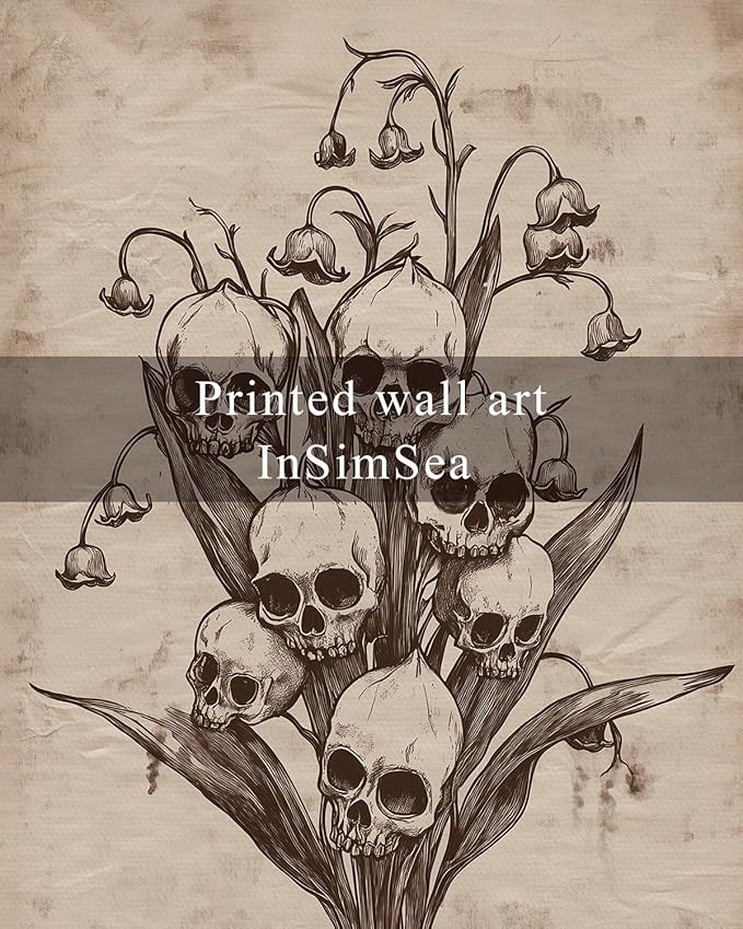 InSimSea Framed Canvas Prints Art Vintage Decor, Gothic Skull Flowers Painting, Rustic Dark Academia Wall Art for Bathroom, Halloween Living Room Witchy Room Wall Cottagecore Decor, 12x16inch