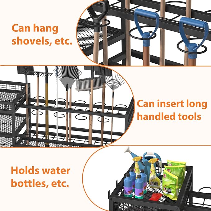 HavenlyYouth Garden Tool Organizer with Wheels-Movable Garden Tool Rack with Storage Hooks for Long-Handled Tools/Rakes/Brooms/Shovels,Heavy Duty Metal Garden Tool Storage for Garage,Shed,Garden,Black
