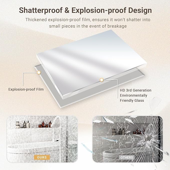 48 x 30 Beveled Bathroom Mirror, Shatterproof Rectangle Mirror, Metal Framed