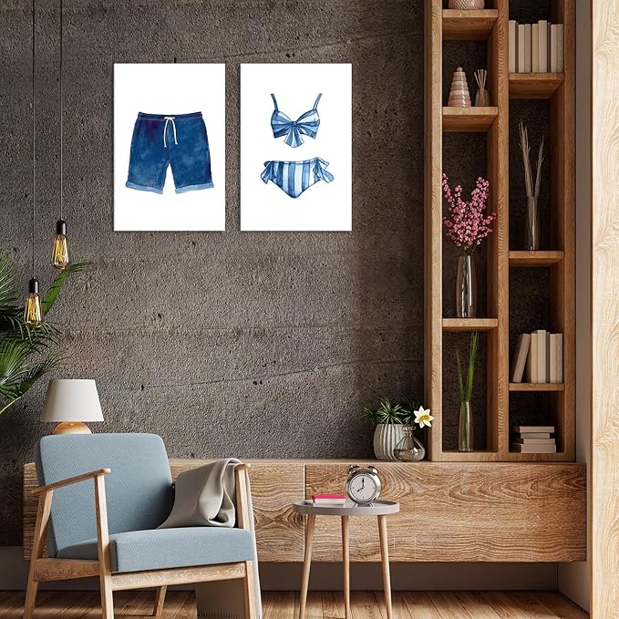 Liyark Set of 2 Retro Navy Blue And White Swimsuit Art Posters Beach Bathing