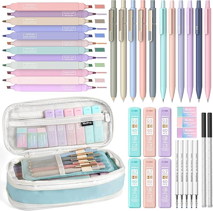 Nicpro 39 PCS Aesthetic School Supplies with Cute Pen Case, 12 Pastel Highlighters, 5 Black Ink Gel Pens, 6 Mechanical Pencils Set 0.5 & 0.7mm for Students Stationary College Essentials (Blue)