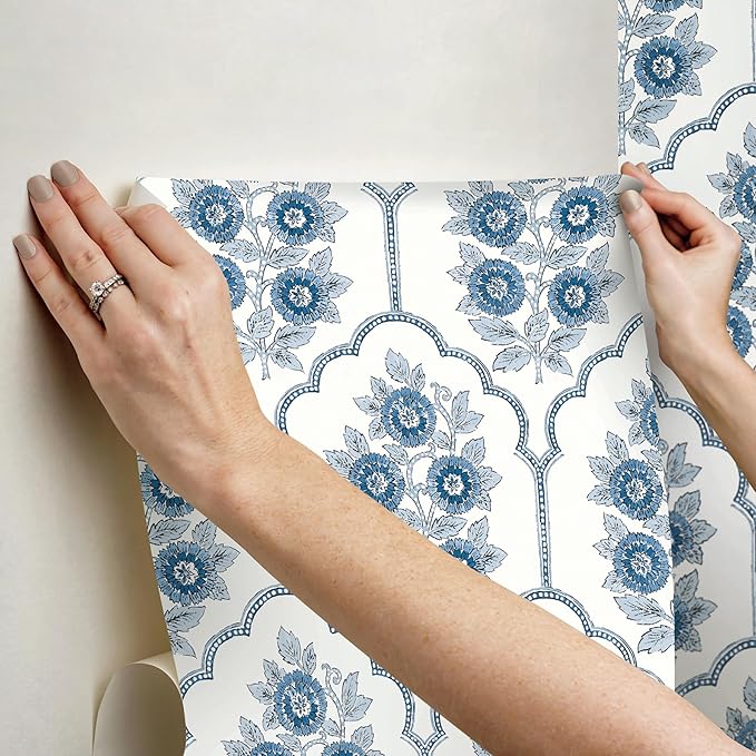 NuWallpaper x Society Social Floral Bazaar Delft Blue Peel and Stick Wallpaper
