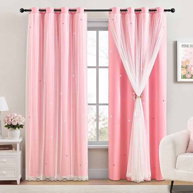 XiDi Pink Curtains for Bedroom Decor, Baby Pink Kids Blackout Curtains for